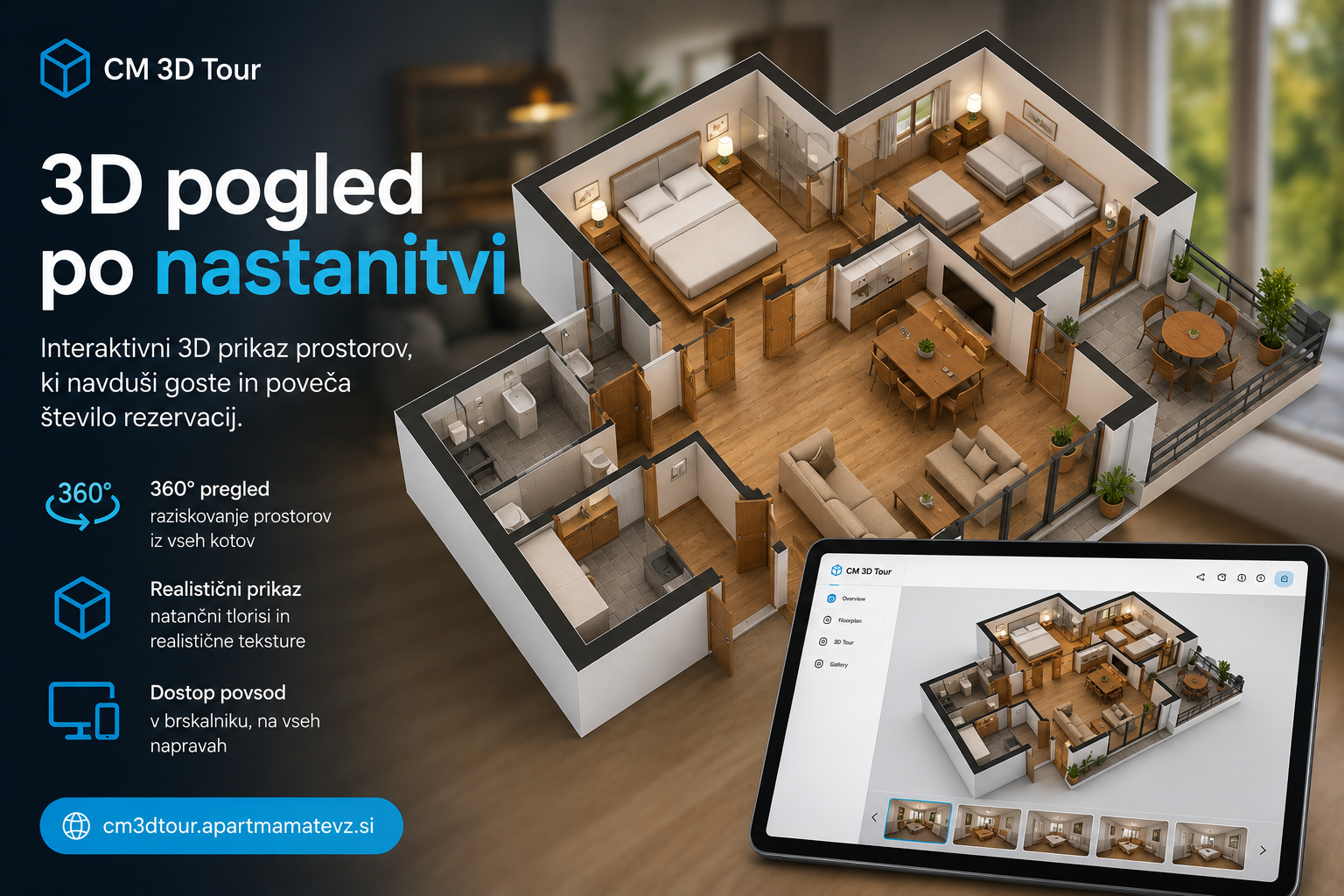 Virtualni 3D ogled apartmaja — novost brez Matterport naročnine